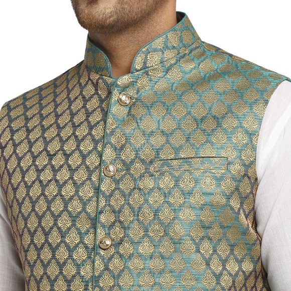 Sleeveless Traditional Brocade Silk Sapphire Blue Nehru Jacket by Treemoda - Picture 4 of 5